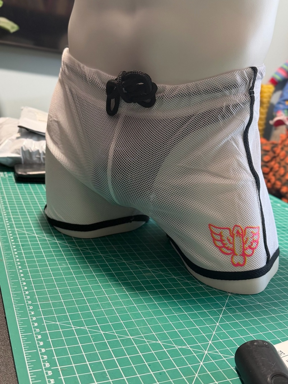 White Mesh Athletic Swim Shorts with Wing Logo
